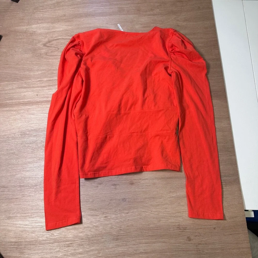 Free People Womens Orange Knotted Front Deep V-Neck Puff Sleeve Top Large